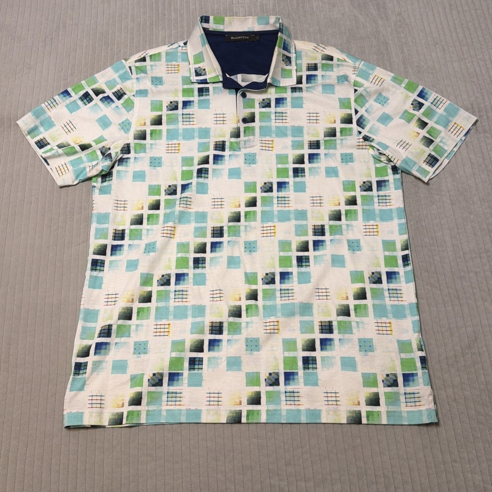 Bugatchi Uomo Polo Shirt Mens L Blue white green Abstract T Print Short Sleeve